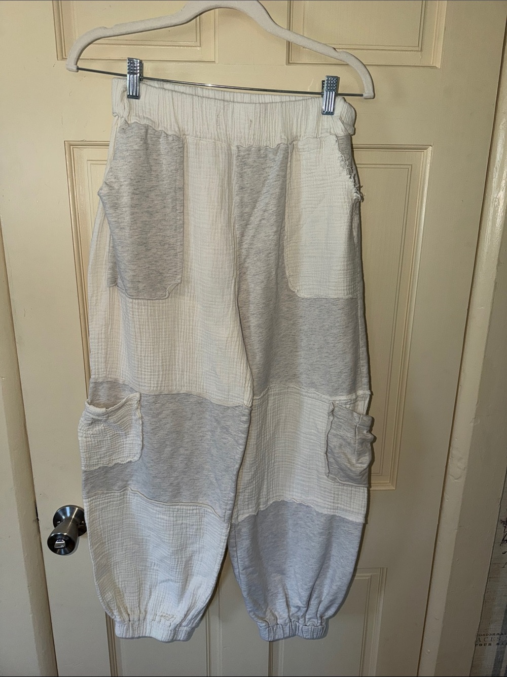 POL Patchwork Track Joggers in Ivory & Light Gray